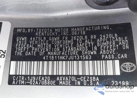 2018 Toyota Camry Se from USA, damaged, VIN 4T1B11HK7JU131563